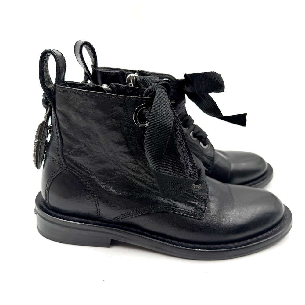 Zadig & Voltaire Laureen Roma Boots Black Leather Lace-Up Skull Women Sz 37 / 7 - Picture 2 of 12